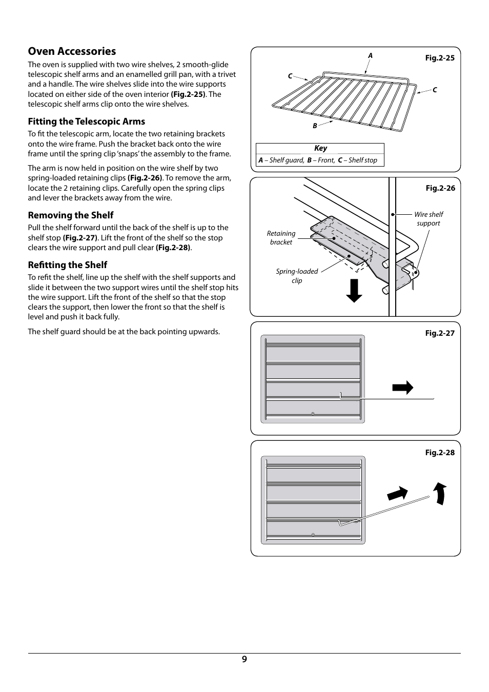 Oven accessories, Fitting the telescopic arms, Removing the shelf | Reﬁtting the shelf | Rangemaster R6012 User Manual | Page 11 / 24