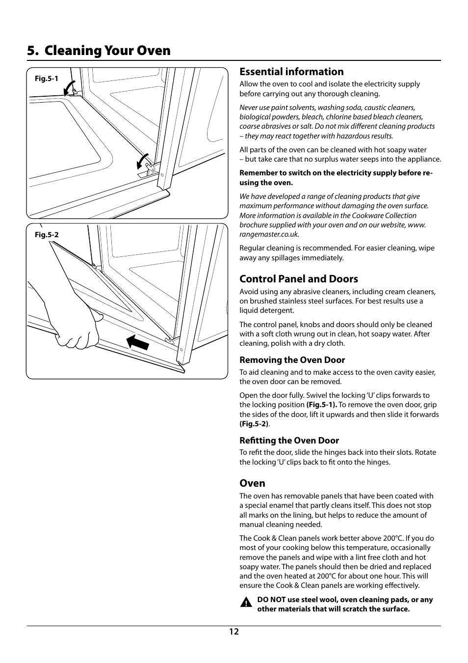 Cleaning your oven, Essential information, Control panel and doors | Oven | Rangemaster R6012 User Manual | Page 14 / 24