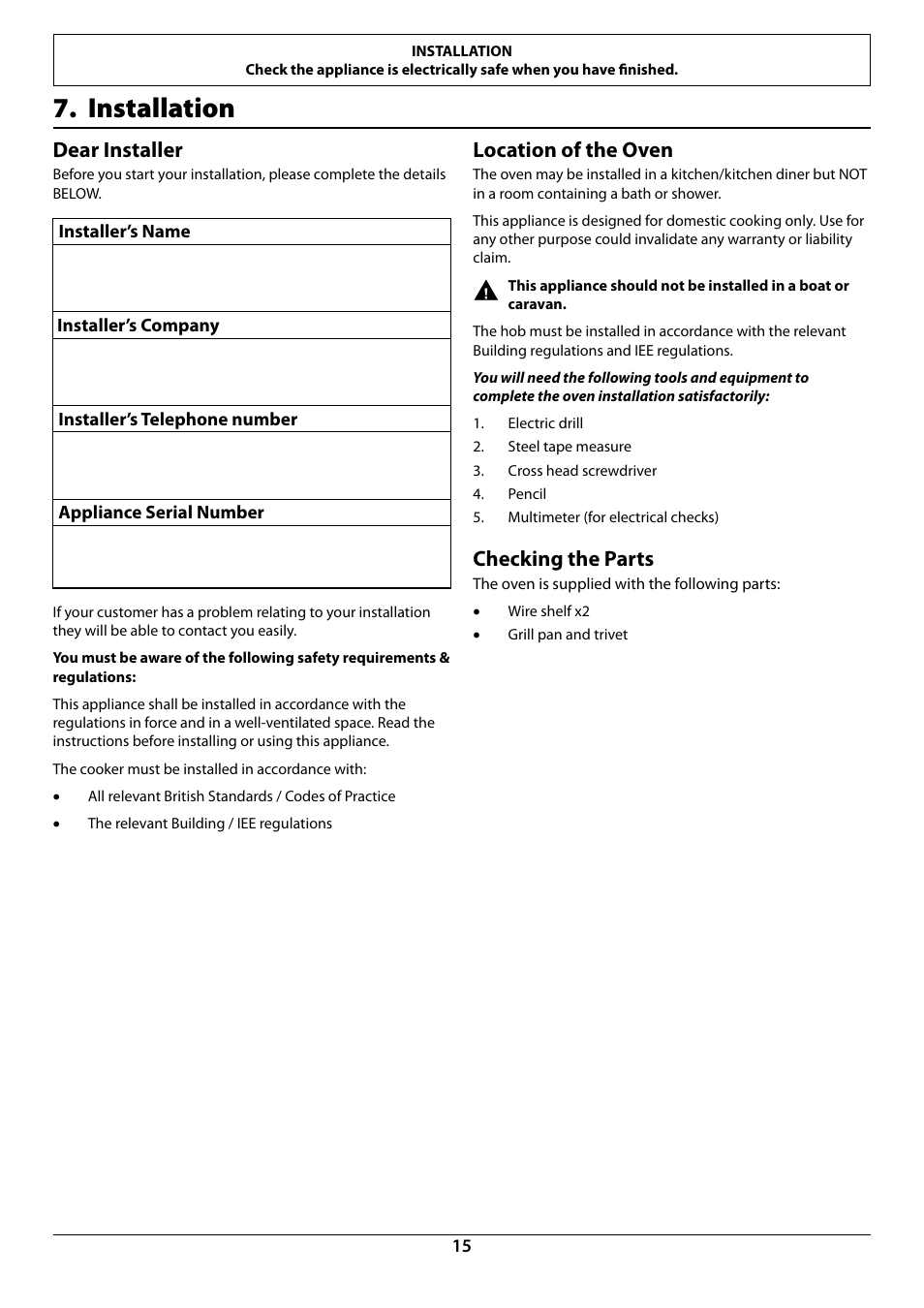 Installation, Dear installer, Location of the oven | Checking the parts | Rangemaster R6012 User Manual | Page 17 / 24