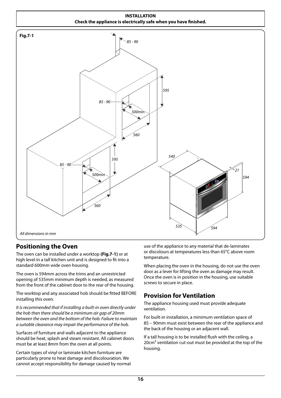 Positioning the oven, Provision for ventilation | Rangemaster R6012 User Manual | Page 18 / 24