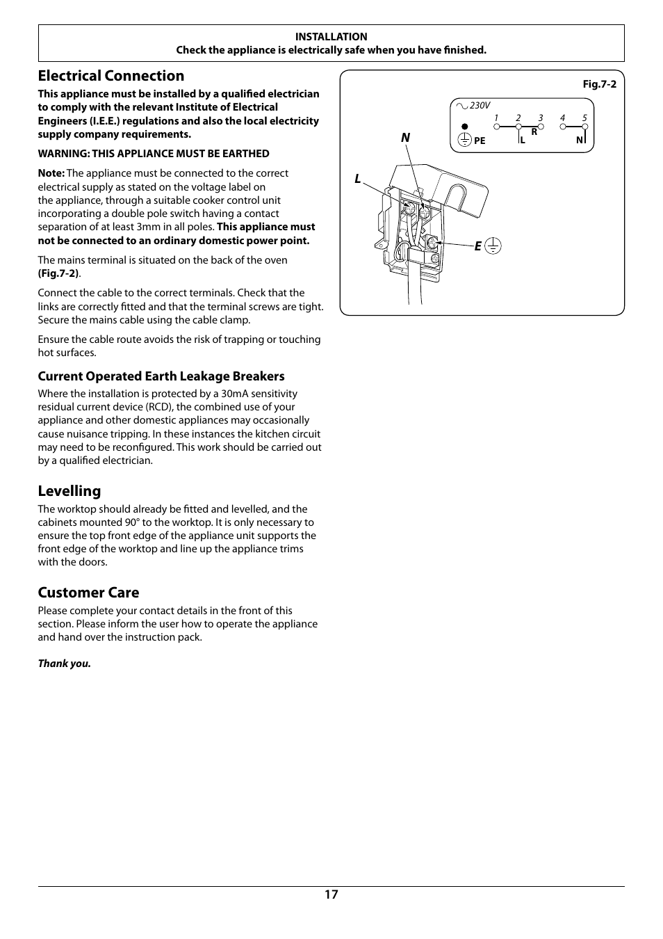 Electrical connection, Levelling, Customer care | Rangemaster R6012 User Manual | Page 19 / 24