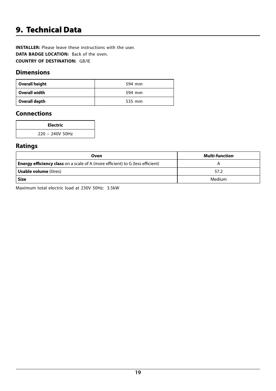 Technical data, Dimensions, Connections | Ratings | Rangemaster R6012 User Manual | Page 21 / 24