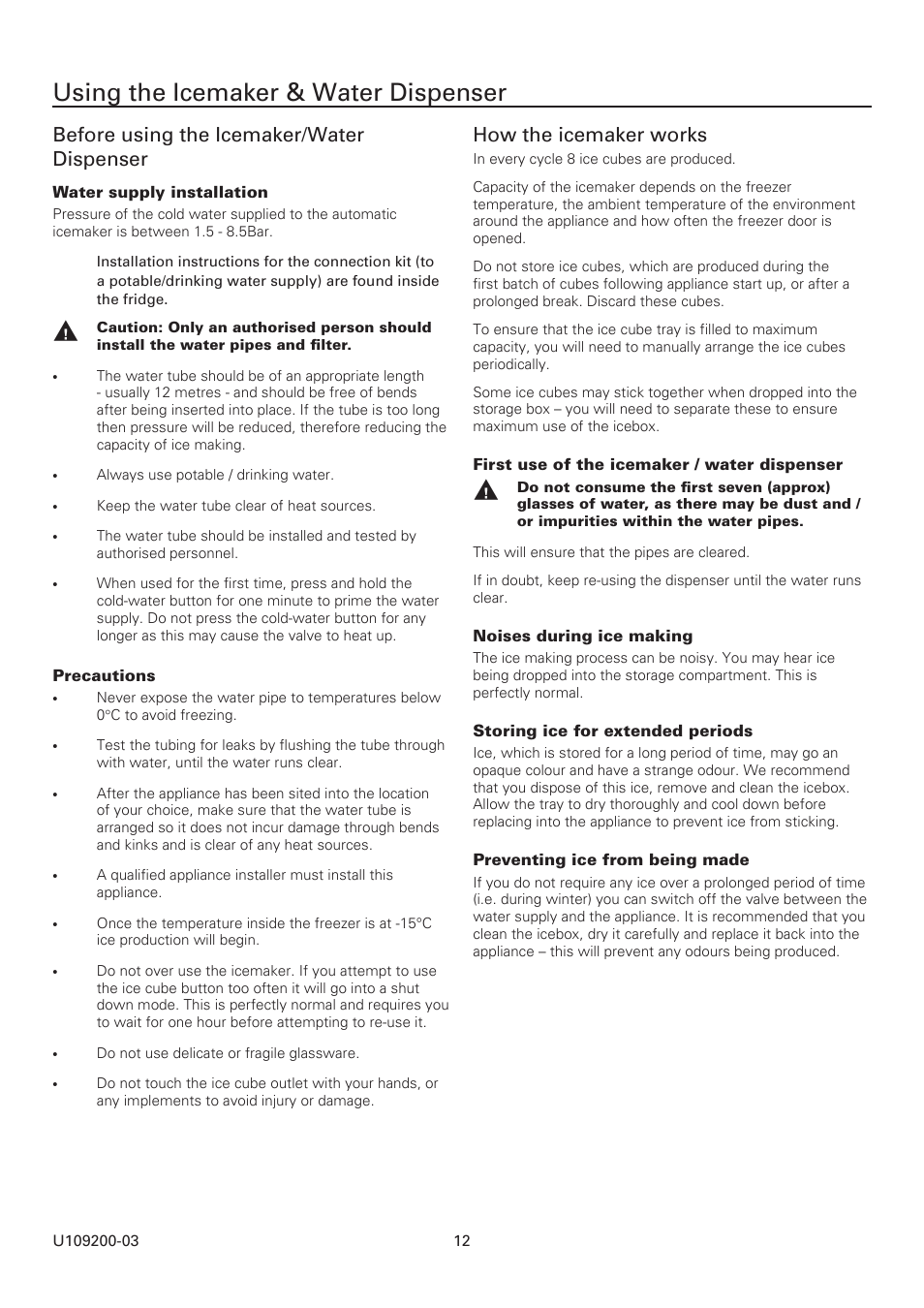 Using the icemaker & water dispenser, Before using the icemaker/water dispenser, How the icemaker works | Rangemaster SxS Refrigeration U109200-03 User Manual | Page 12 / 20