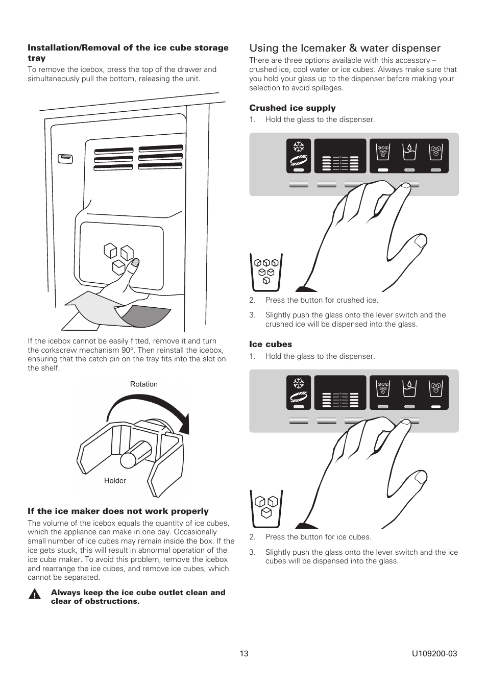 Using the icemaker & water dispenser | Rangemaster SxS Refrigeration U109200-03 User Manual | Page 13 / 20