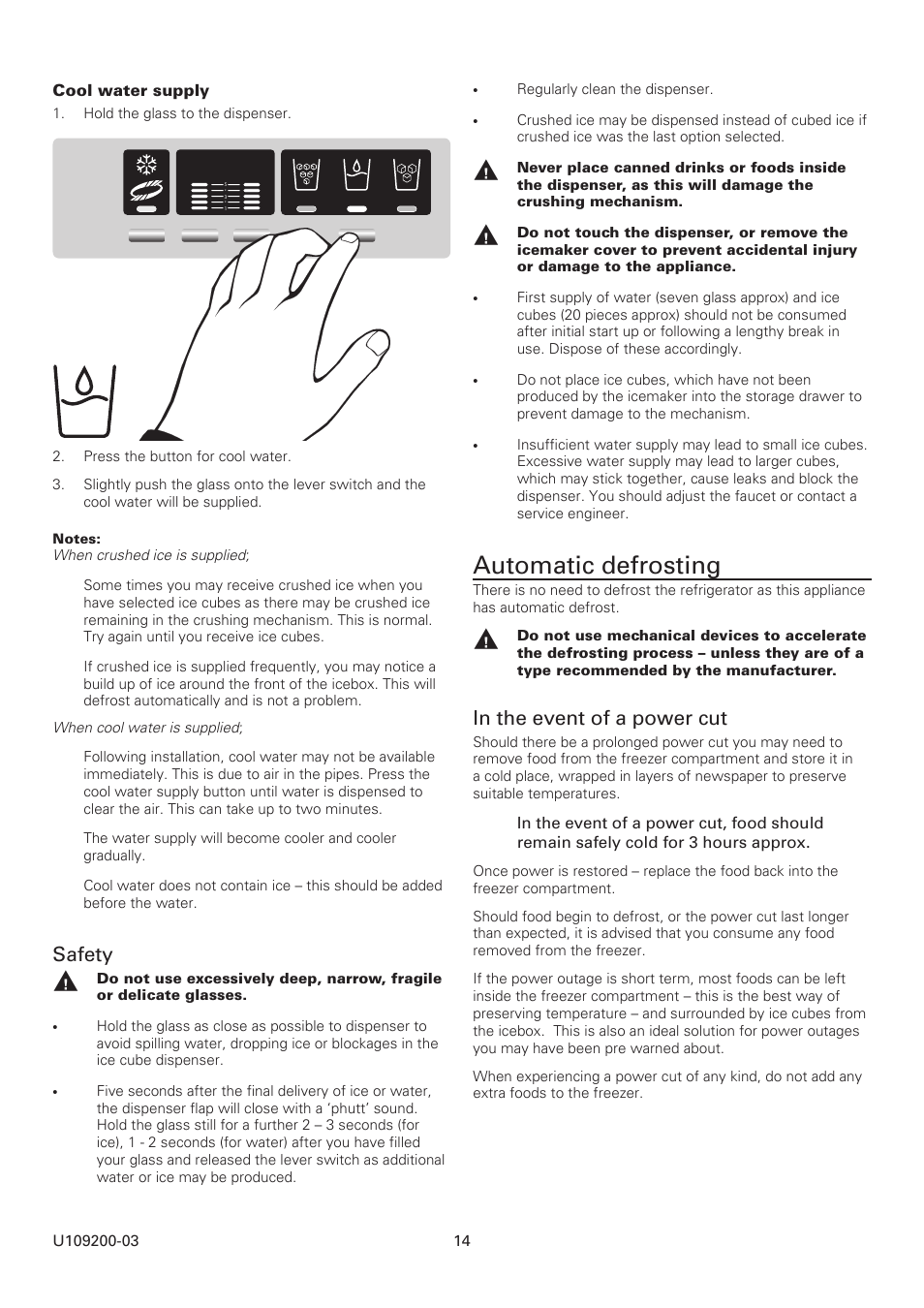 Automatic defrosting, Safety | Rangemaster SxS Refrigeration U109200-03 User Manual | Page 14 / 20