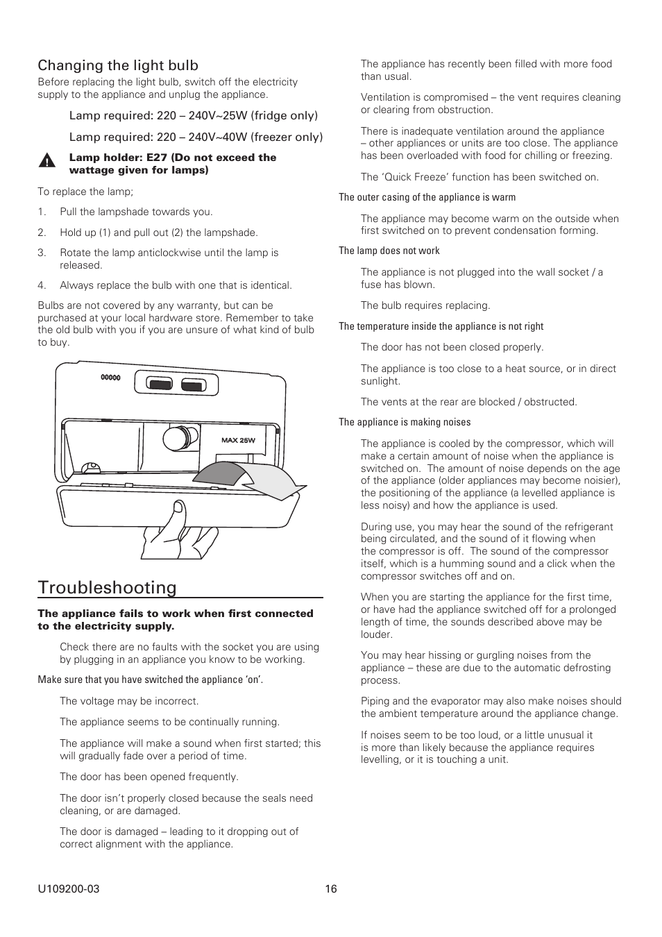 Troubleshooting, Changing the light bulb | Rangemaster SxS Refrigeration U109200-03 User Manual | Page 16 / 20