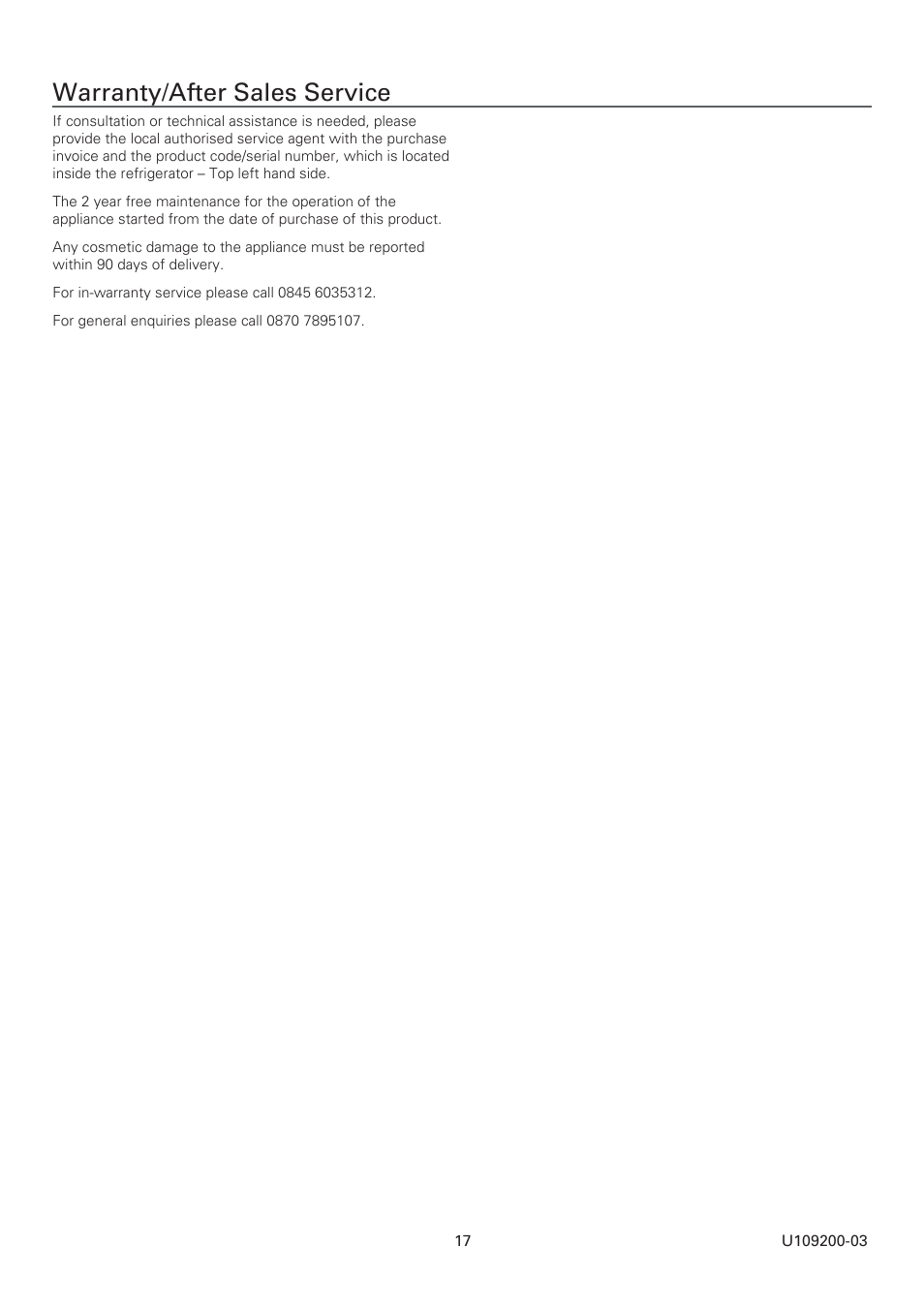 Warranty/after sales service | Rangemaster SxS Refrigeration U109200-03 User Manual | Page 17 / 20