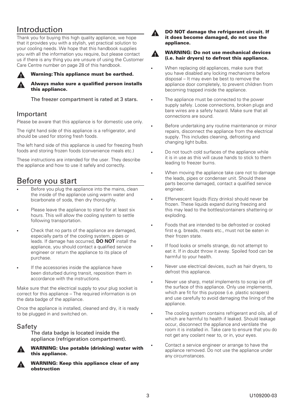 Introduction, Before you start, Important | Safety | Rangemaster SxS Refrigeration U109200-03 User Manual | Page 3 / 20