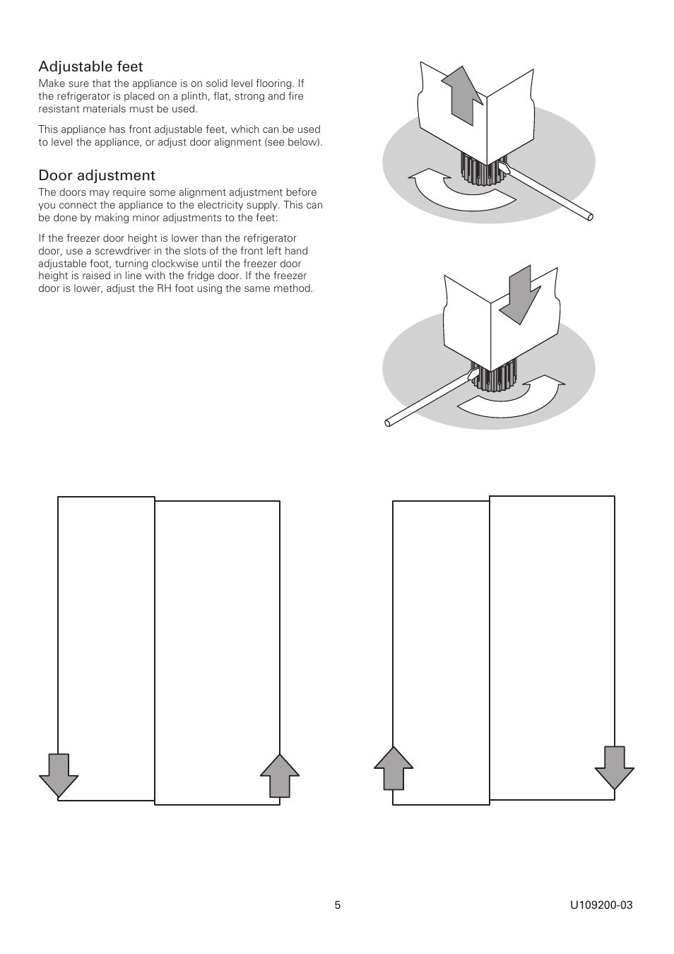 Adjustable feet, Door adjustment | Rangemaster SxS Refrigeration U109200-03 User Manual | Page 5 / 20