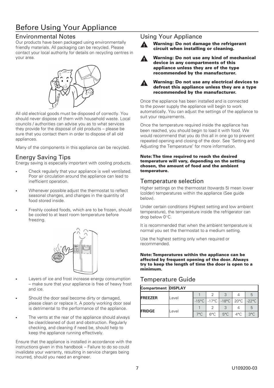 Before using your appliance, Energy saving tips, Using your appliance | Temperature selection, Temperature guide | Rangemaster SxS Refrigeration U109200-03 User Manual | Page 7 / 20