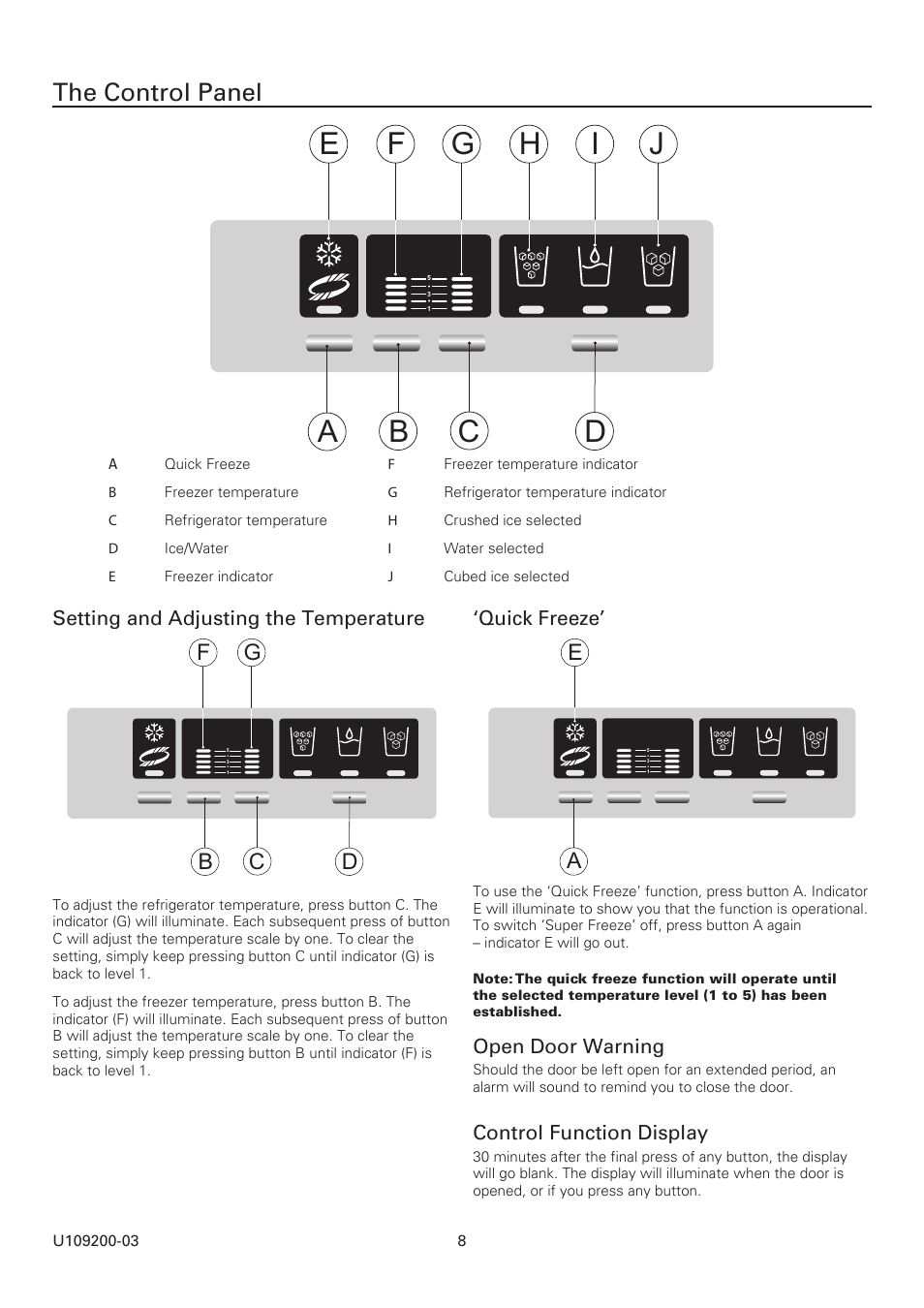 The control panel, Bc d f g, Setting and adjusting the temperature | Quick freeze, Open door warning, Control function display | Rangemaster SxS Refrigeration U109200-03 User Manual | Page 8 / 20