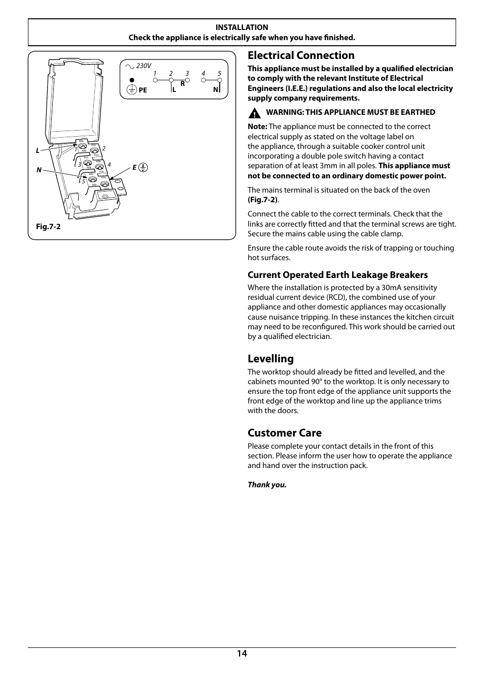 Electrical connection, Levelling, Customer care | Current operated earth leakage breakers | Rangemaster R9049 User Manual | Page 16 / 20