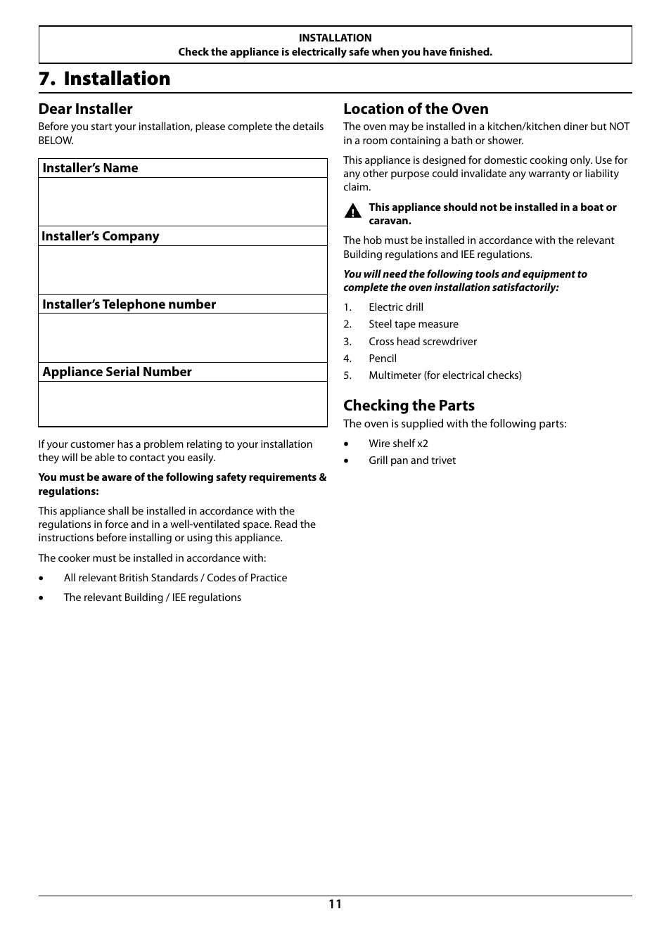 Installation, Dear installer, Location of the oven | Checking the parts | Rangemaster R7247 User Manual | Page 13 / 20