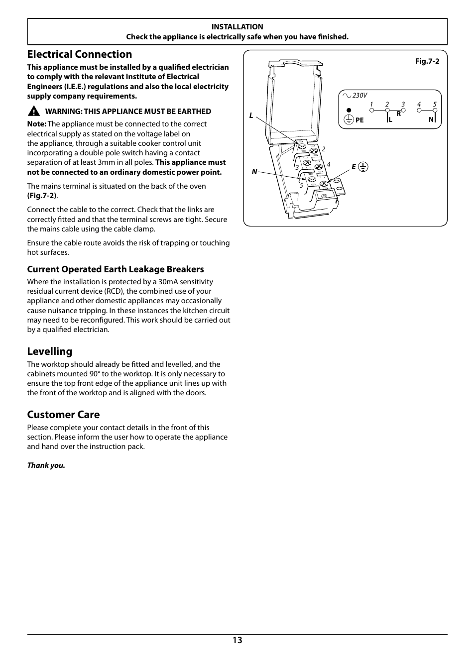 Electrical connection, Levelling, Customer care | Rangemaster R7247 User Manual | Page 15 / 20