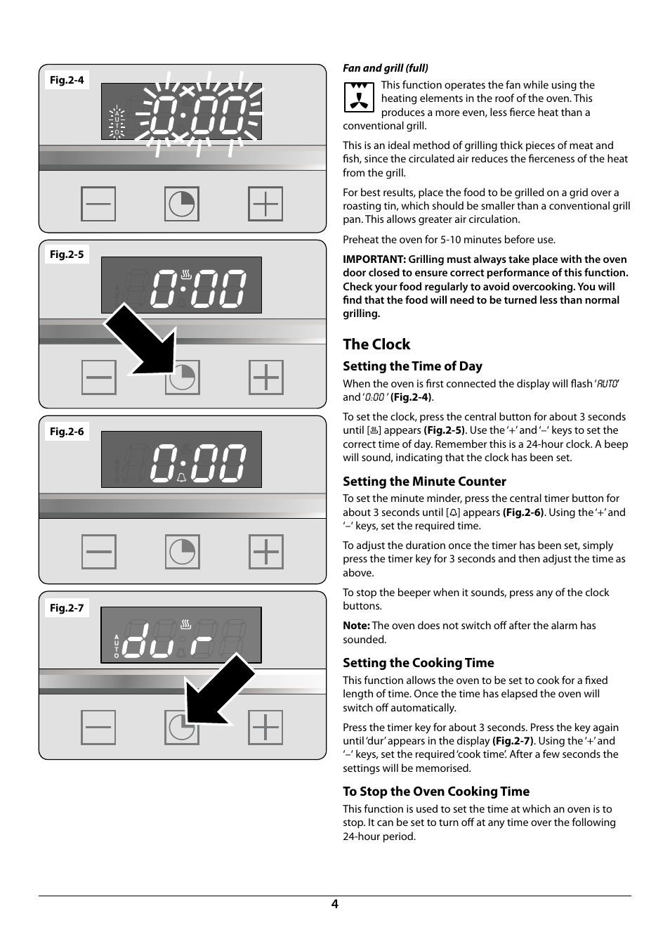 The clock, Setting the time of day, Setting the minute counter | Setting the cooking time, Fig.2-4, Fig.2-7 | Rangemaster R7247 User Manual | Page 6 / 20