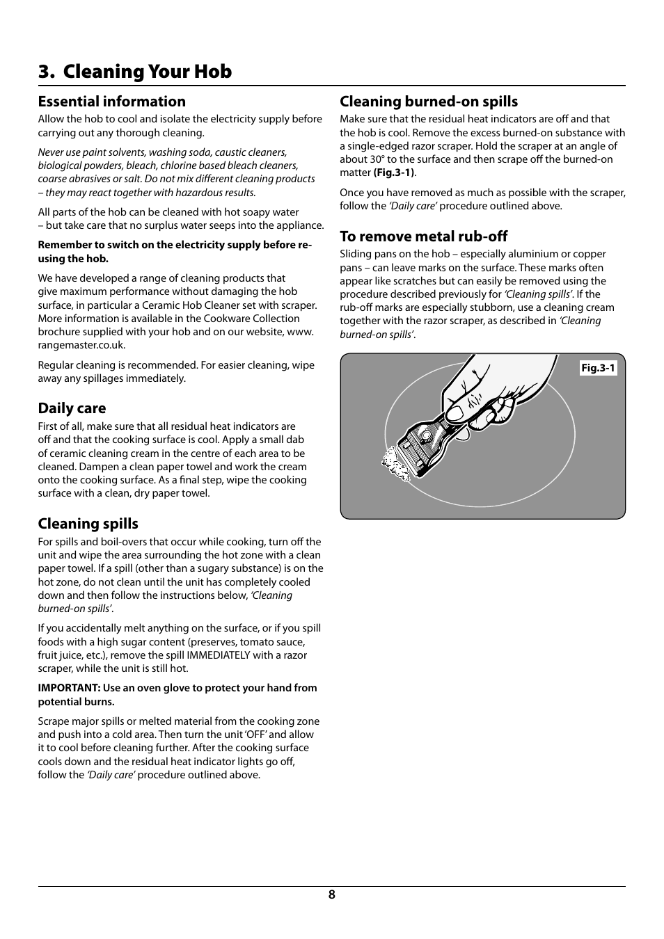 Cleaning your hob, Cleaning burned-on spills, Essential information | Daily care, Cleaning spills | Rangemaster RC60 User Manual | Page 10 / 20