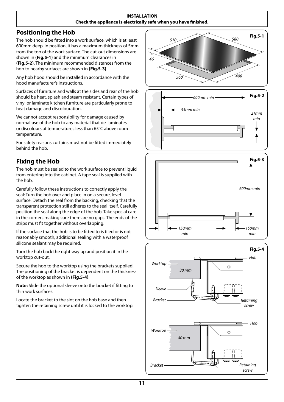 Positioning the hob, Fixing the hob | Rangemaster RC60 User Manual | Page 13 / 20