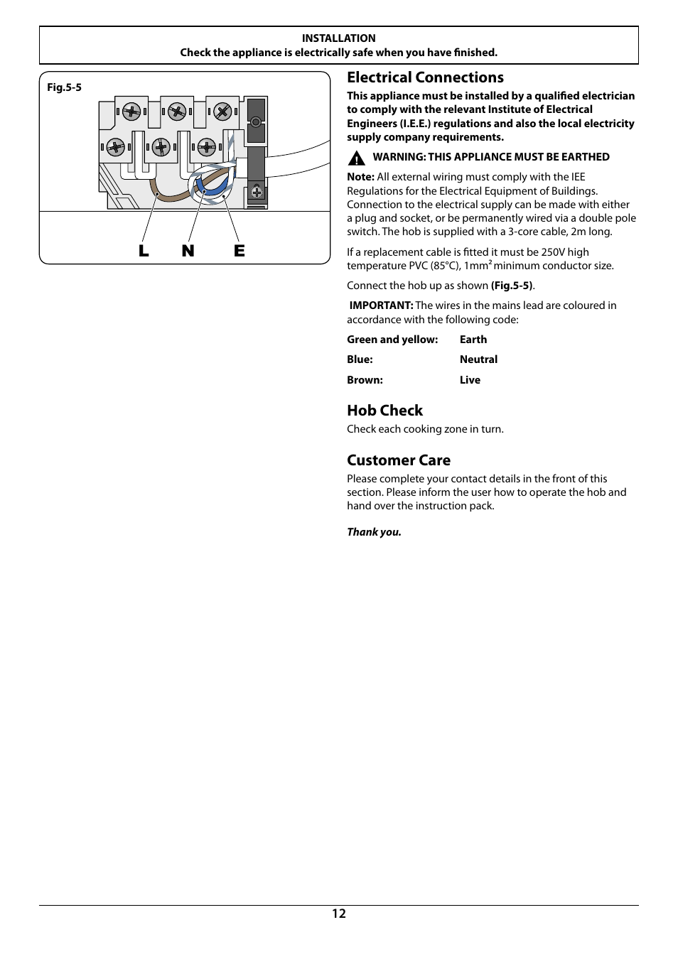 Ln e, Electrical connections, Hob check | Customer care | Rangemaster RC60 User Manual | Page 14 / 20