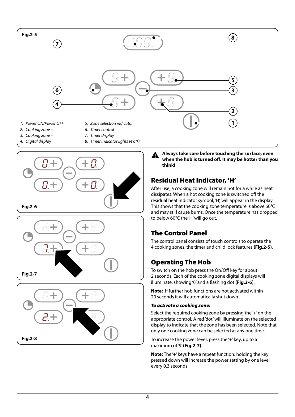 Residual heat indicator, ‘h, The control panel, Operating the hob | Rangemaster RC60 User Manual | Page 6 / 20