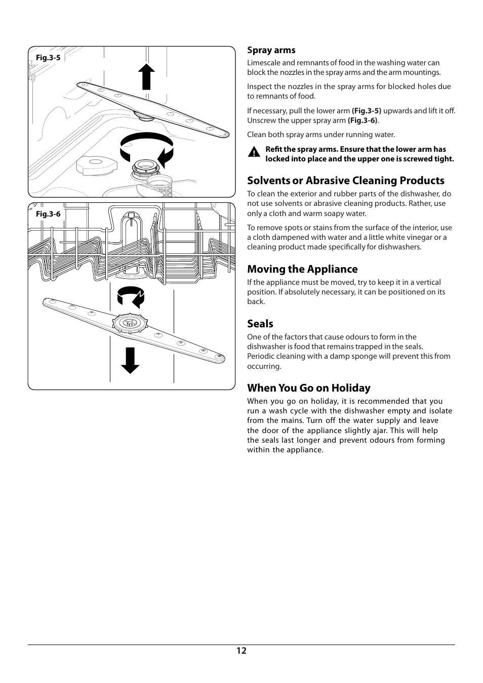 Solvents or abrasive cleaning products, Moving the appliance, Seals | When you go on holiday | Rangemaster RDW6012FI User Manual | Page 14 / 24