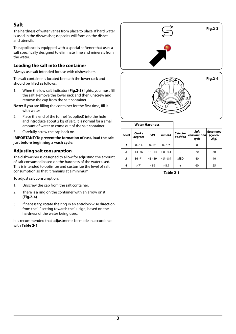 Salt, Loading the salt into the container, Adjusting salt consumption | Rangemaster RDW6012FI User Manual | Page 5 / 24