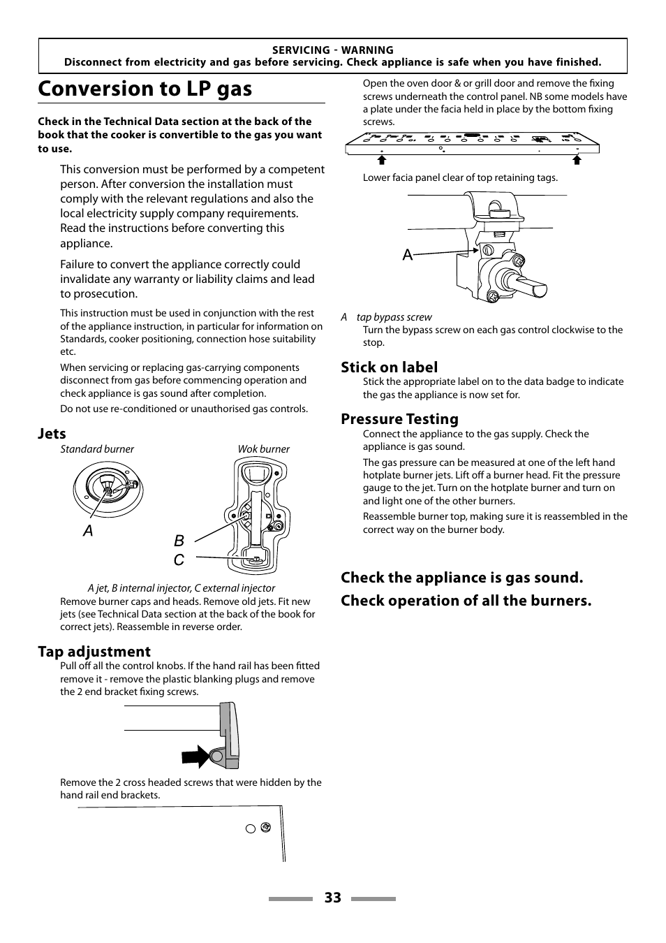 Conversion to lp gas, Jets, Tap adjustment | Stick on label, Pressure testing | Rangemaster 110 DUAL FUEL U109600-02 User Manual | Page 33 / 40