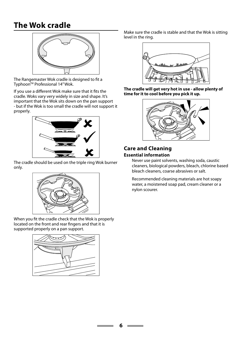 The wok cradle, Care and cleaning | Rangemaster 110 DUAL FUEL U109600-02 User Manual | Page 6 / 40