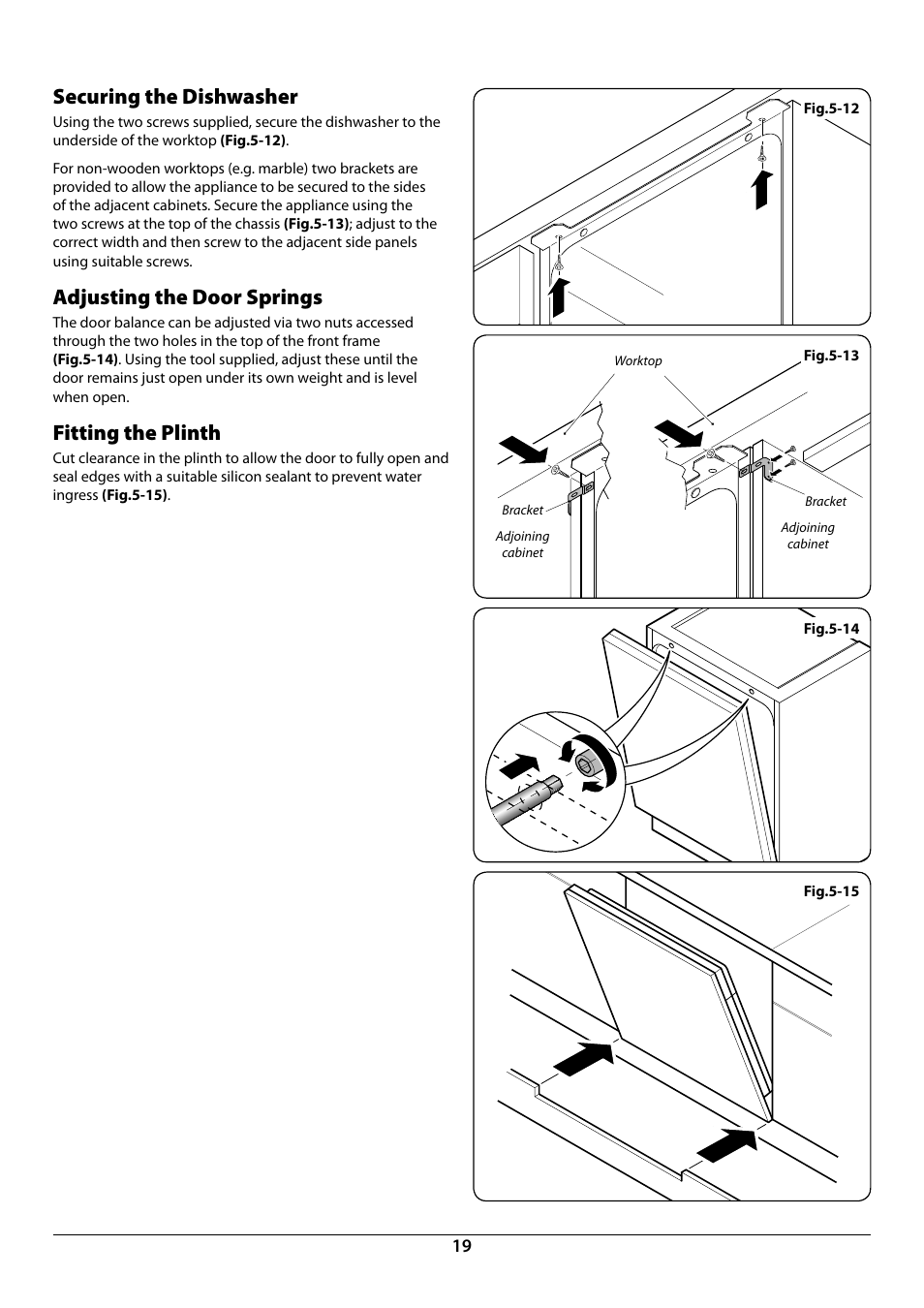 Securing the dishwasher, Adjusting the door springs, Fitting the plinth | Rangemaster Dishwasher RDW459FI/SF User Manual | Page 21 / 28