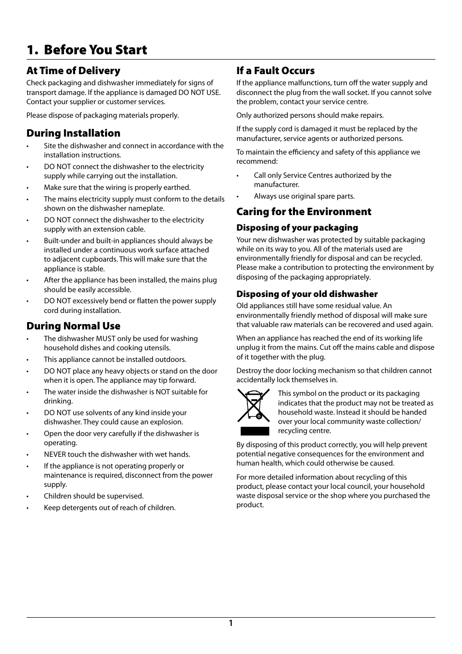 Before you start, At time of delivery, During installation | During normal use, If a fault occurs, Caring for the environment | Rangemaster Dishwasher RDW459FI/SF User Manual | Page 3 / 28