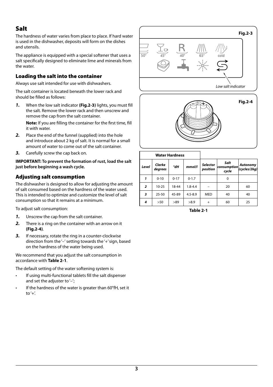 Salt, Loading the salt into the container, Adjusting salt consumption | Rangemaster Dishwasher RDW459FI/SF User Manual | Page 5 / 28