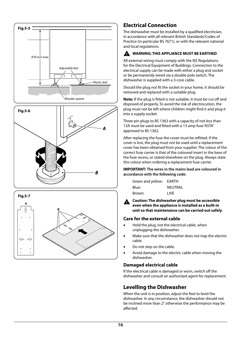 Electrical connection, Levelling the dishwasher | Rangemaster RDW6015FI User Manual | Page 18 / 24