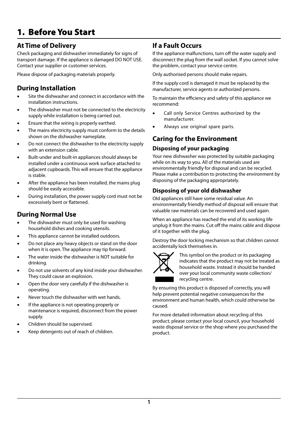 Before you start, At time of delivery, During installation | During normal use, If a fault occurs, Caring for the environment | Rangemaster RDW6015FI User Manual | Page 3 / 24