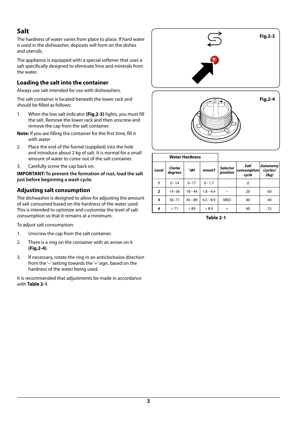 Salt, Loading the salt into the container, Adjusting salt consumption | Rangemaster RDW6015FI User Manual | Page 5 / 24