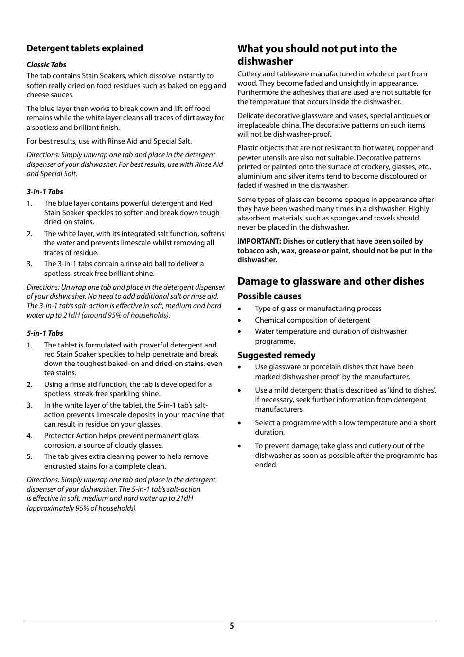 What you should not put into the dishwasher, Damage to glassware and other dishes | Rangemaster RDW6015FI User Manual | Page 7 / 24