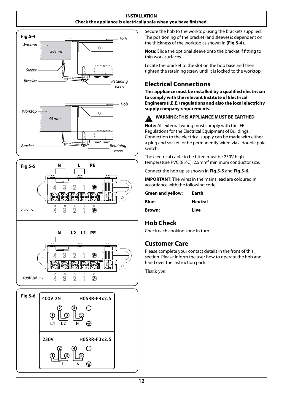 Electrical connections, Hob check, Customer care | Rangemaster RI60 User Manual | Page 14 / 20