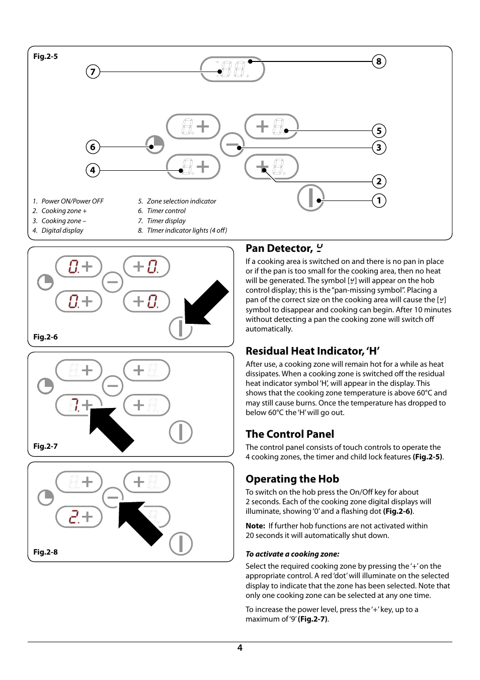 Pan detector, Residual heat indicator, ‘h, The control panel | Operating the hob | Rangemaster RI60 User Manual | Page 6 / 20