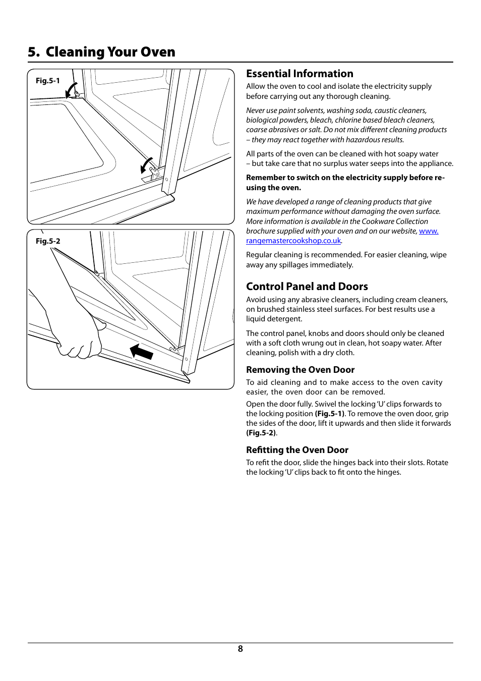 Cleaning your oven, Essential information, Control panel and doors | Rangemaster R604 User Manual | Page 10 / 20