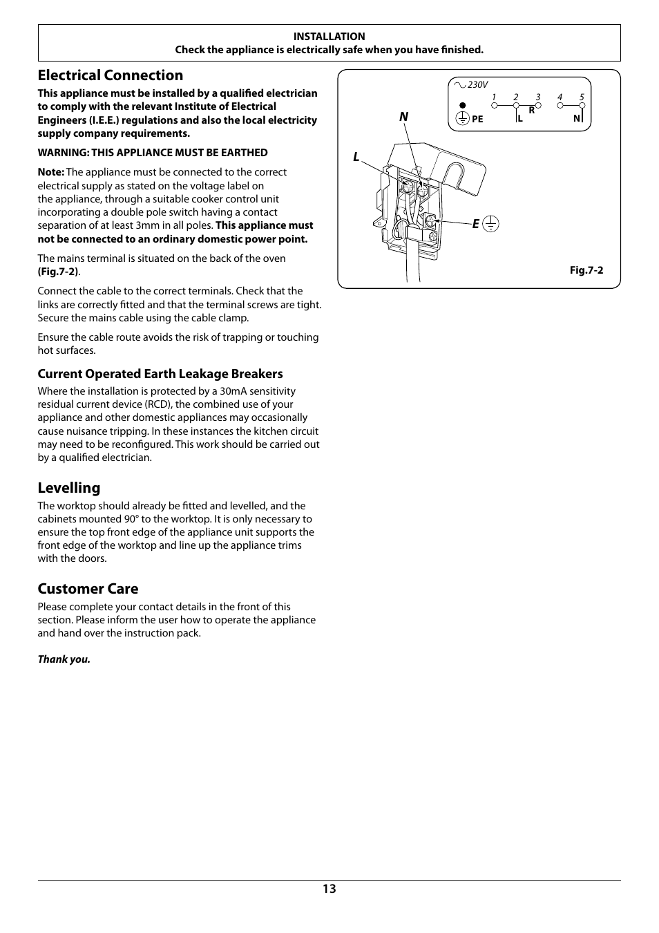 Electrical connection, Levelling, Customer care | Rangemaster R604 User Manual | Page 15 / 20