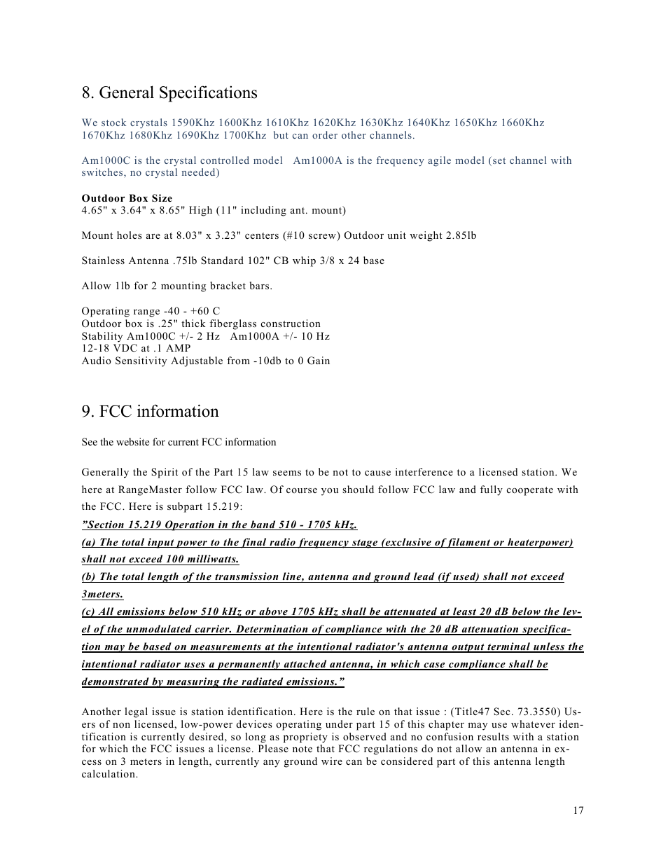 General specifications, Fcc information | Rangemaster HAMILTON AM1000 User Manual | Page 17 / 22