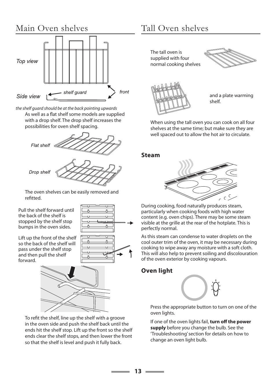 Main oven shelves, Tall oven shelves, Steam | Oven light | Rangemaster 90 CERAMIC U109650-02 User Manual | Page 13 / 36