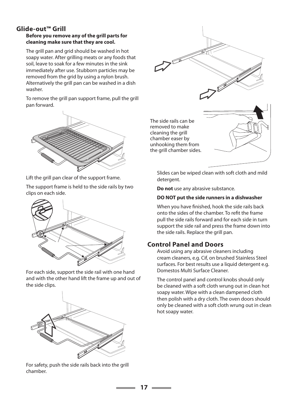 17 glide-out™ grill, Control panel and doors | Rangemaster 90 CERAMIC U109650-02 User Manual | Page 17 / 36