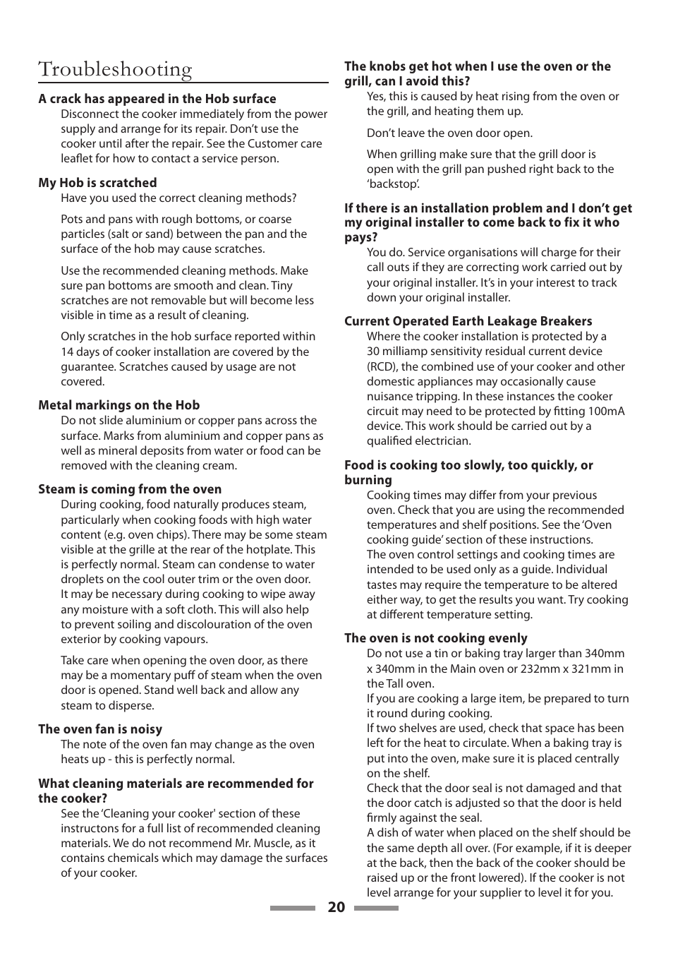 Troubleshooting | Rangemaster 90 CERAMIC U109650-02 User Manual | Page 20 / 36