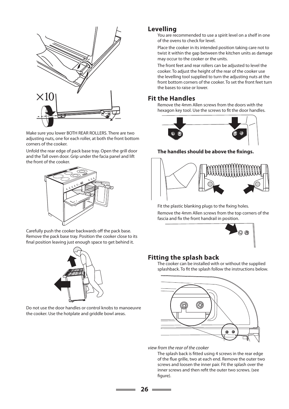 Levelling, Fit the handles, Fitting the splash back | Rangemaster 90 CERAMIC U109650-02 User Manual | Page 26 / 36