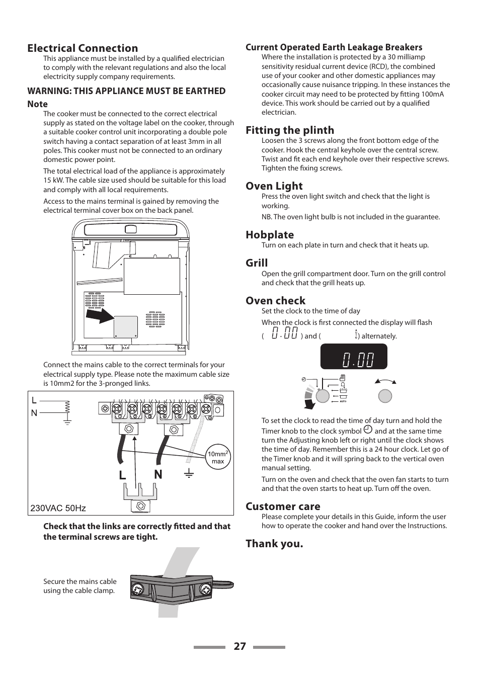 27 electrical connection, Fitting the plinth, Oven light | Hobplate, Grill, Oven check, Customer care | Rangemaster 90 CERAMIC U109650-02 User Manual | Page 27 / 36