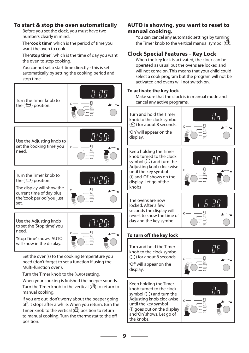 9to start & stop the oven automatically, Clock special features - key lock | Rangemaster 90 CERAMIC U109650-02 User Manual | Page 9 / 36