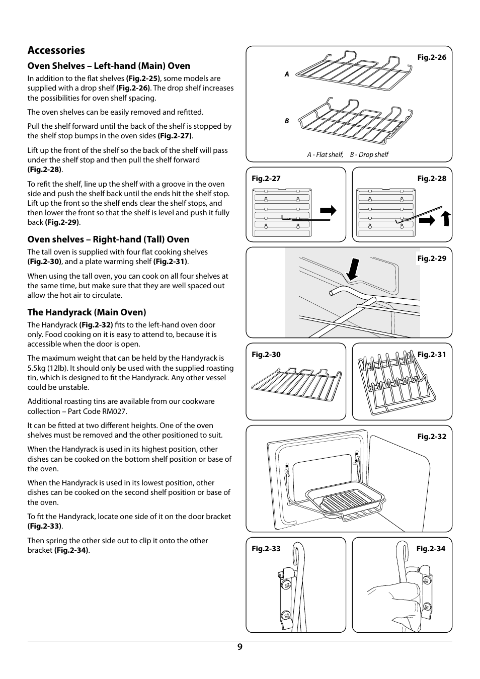 Accessories, Oven shelves – left-hand (main) oven, Oven shelves – right-hand (tall) oven | The handyrack (main oven) | Rangemaster 90 Induction Cooker U109976 - 02 User Manual | Page 11 / 32