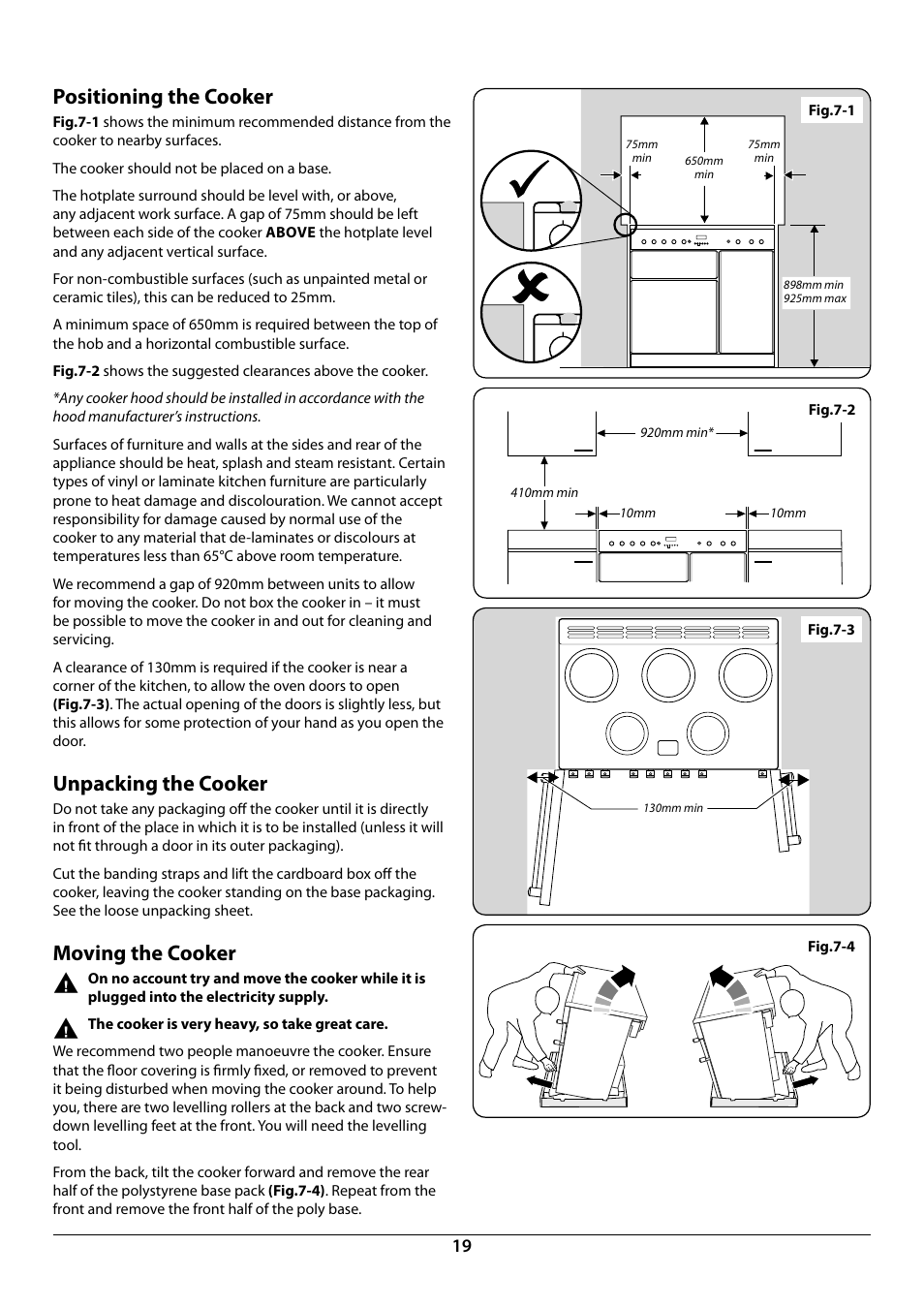 Positioning the cooker, Unpacking the cooker, Moving the cooker | Rangemaster 90 Induction Cooker U109976 - 02 User Manual | Page 21 / 32