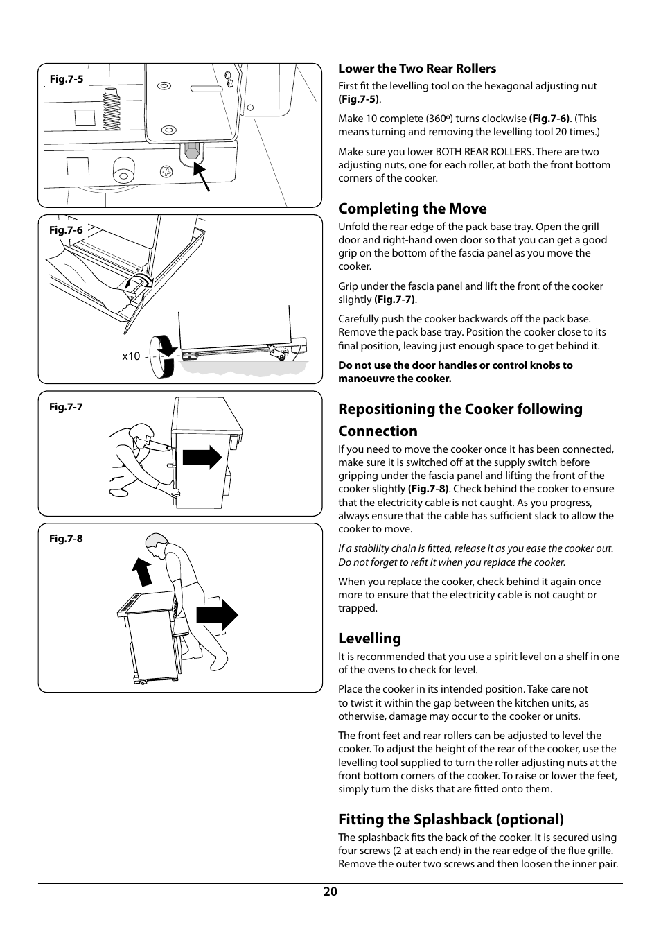 Completing the move, Repositioning the cooker following connection, Levelling | Fitting the splashback (optional) | Rangemaster 90 Induction Cooker U109976 - 02 User Manual | Page 22 / 32