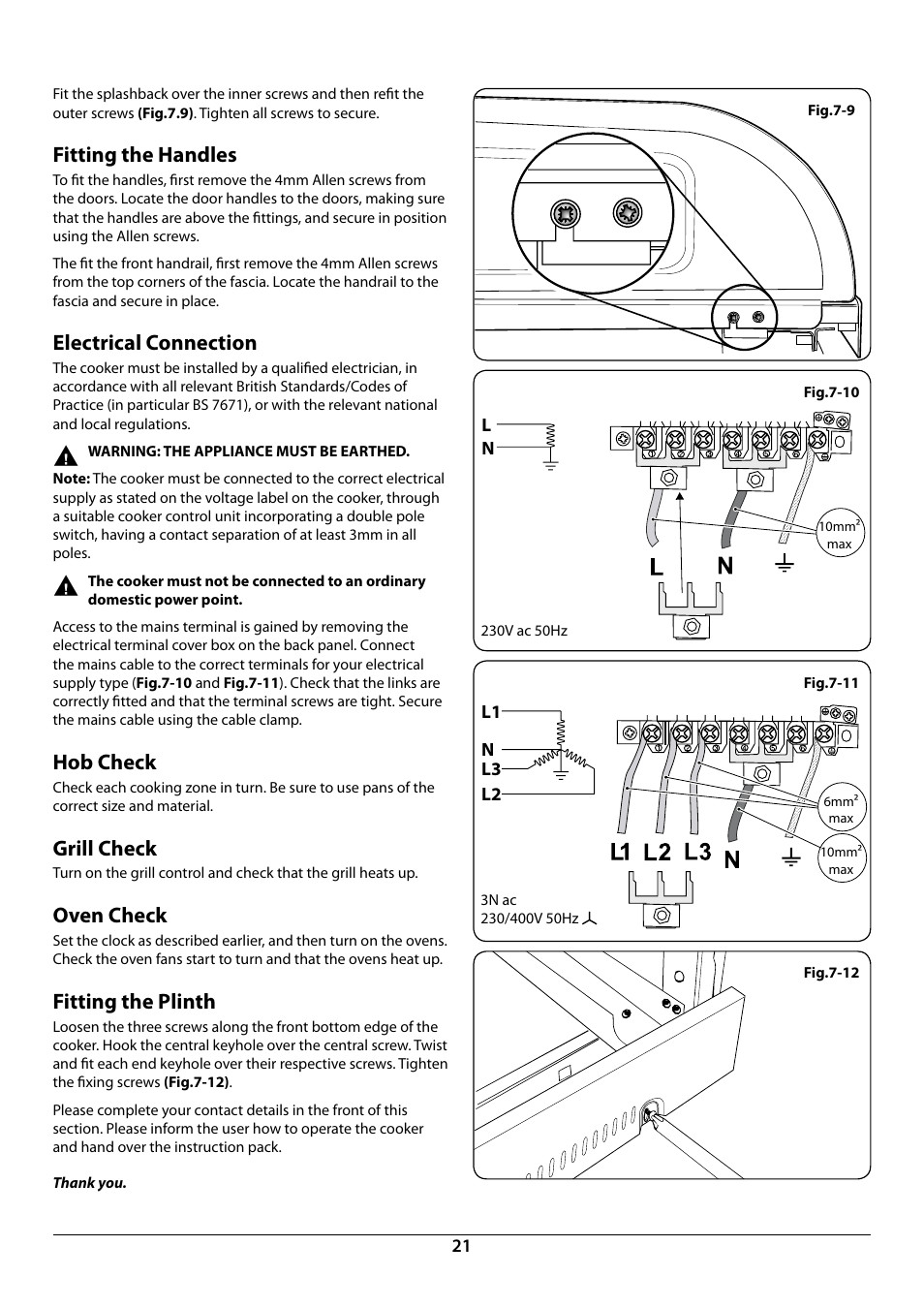 Fitting the handles, Electrical connection, Hob check | Grill check, Oven check, Fitting the plinth | Rangemaster 90 Induction Cooker U109976 - 02 User Manual | Page 23 / 32