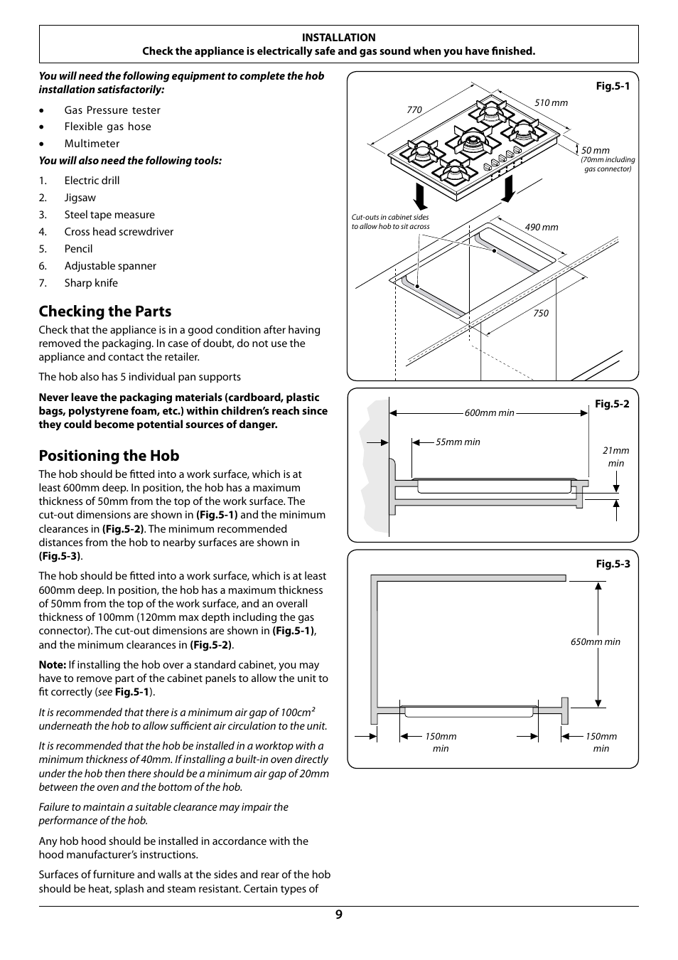 Checking the parts, Positioning the hob | Rangemaster RGG77 User Manual | Page 11 / 20